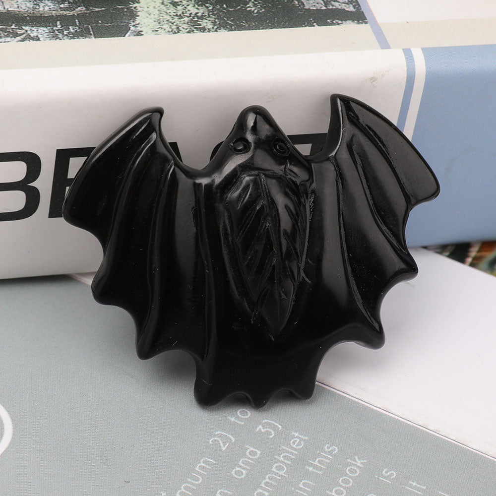 Black Obsidian Bat Crystal Animal Carving 1.8x2.3"