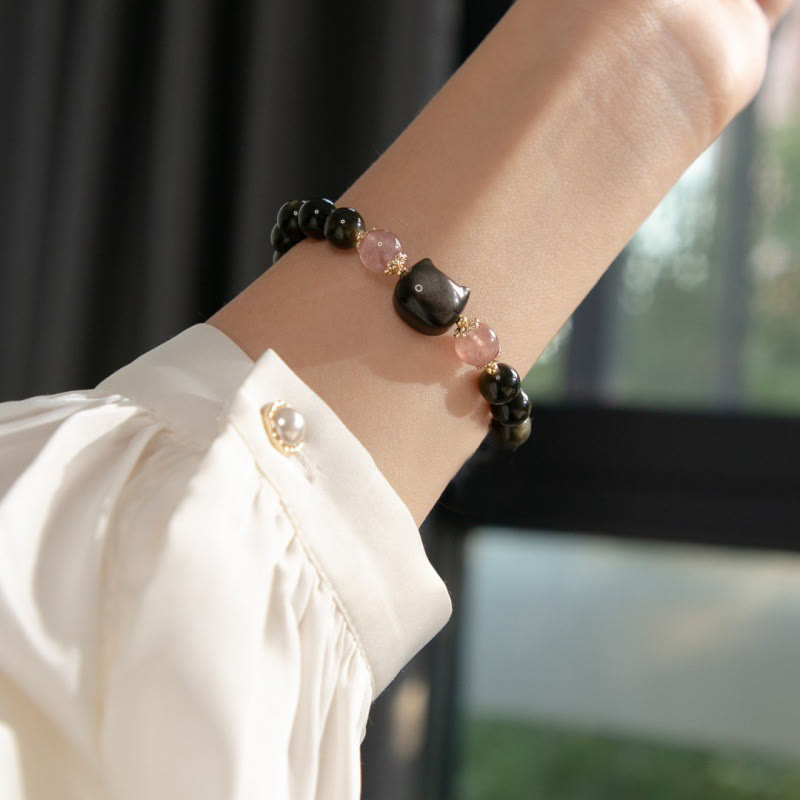 Bracelet Sagesse et Force Tête de Chat Obsidienne Noire - 8 mm