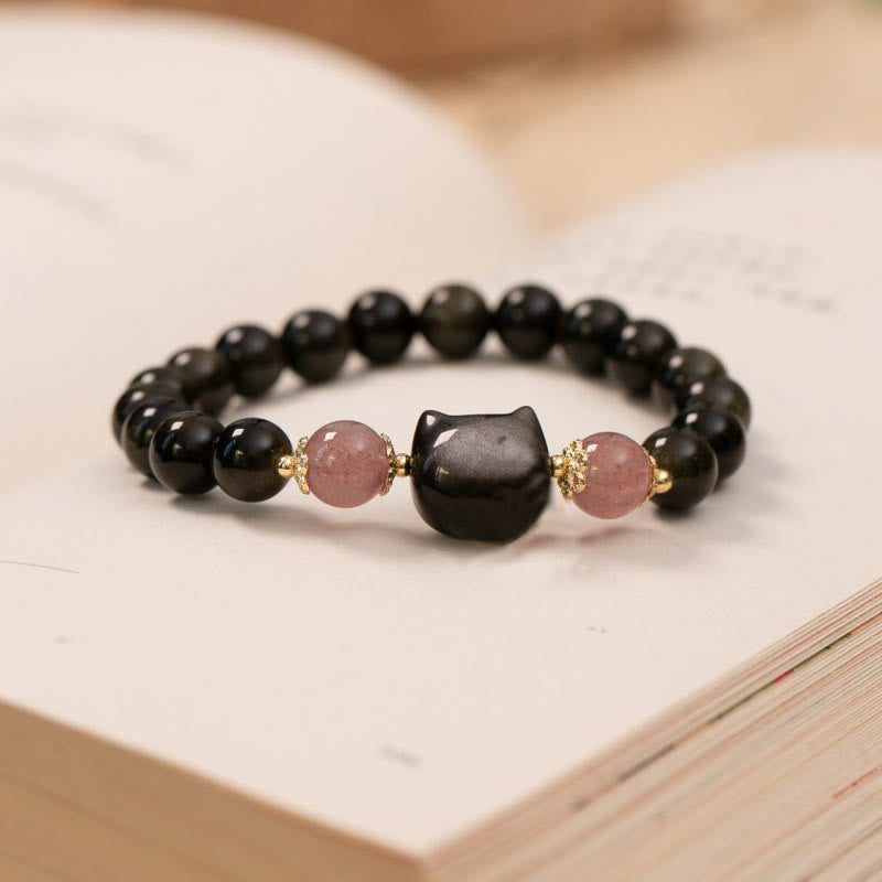 Bracelet Sagesse et Force Tête de Chat Obsidienne Noire - 8 mm
