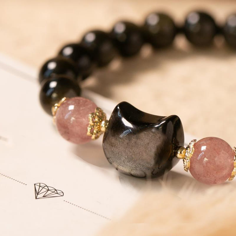 Bracelet Sagesse et Force Tête de Chat Obsidienne Noire - 8 mm