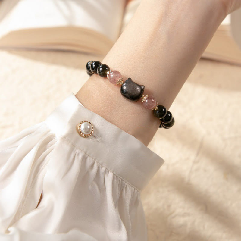 Bracelet Sagesse et Force Tête de Chat Obsidienne Noire - 8 mm