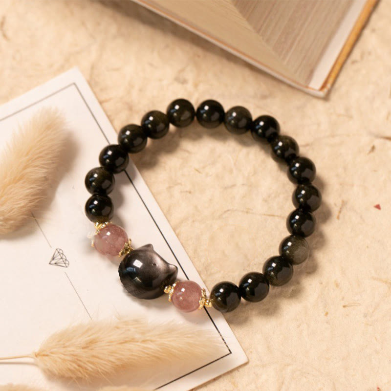 Bracelet Sagesse et Force Tête de Chat Obsidienne Noire - 8 mm
