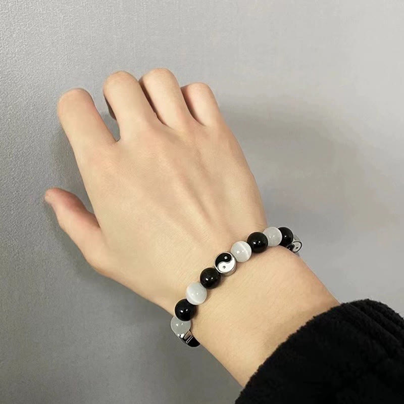 Bracelet Yin Yang en obsidienne noire œil de chat pour la purification et la force
