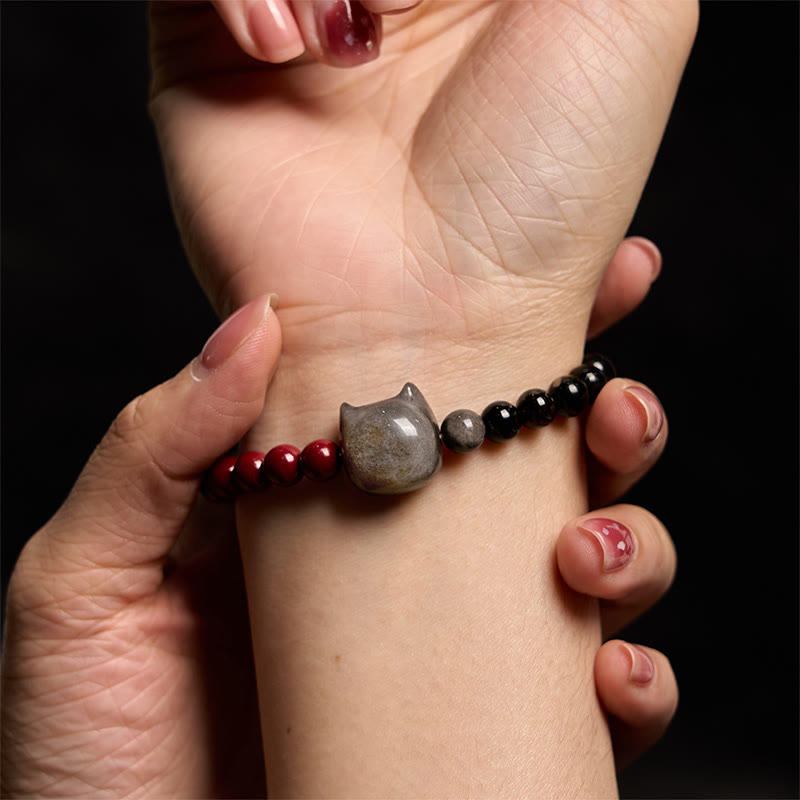 Bracelet d'accomplissement pour chat en obsidienne noire et cinabre - 14-16 cm