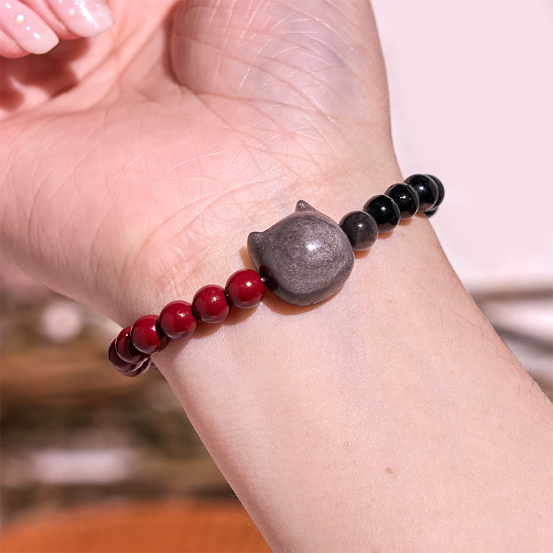 Bracelet d'accomplissement pour chat en obsidienne noire et cinabre - 14-16 cm