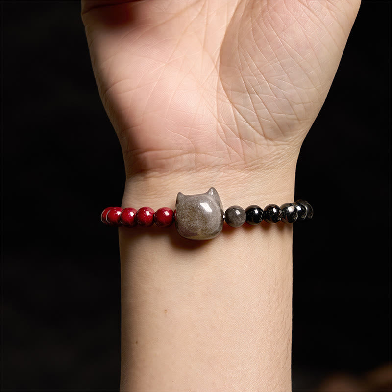 Bracelet d'accomplissement pour chat en obsidienne noire et cinabre - 14-16 cm