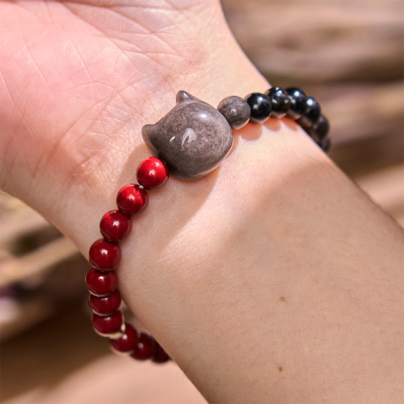 Bracelet d'accomplissement pour chat en obsidienne noire et cinabre - 14-16 cm