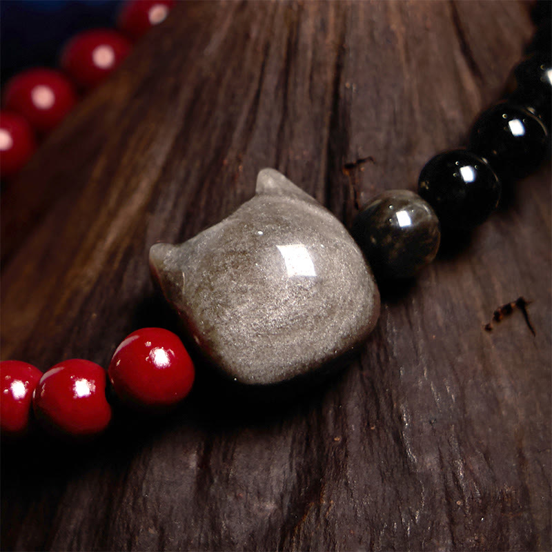 Bracelet d'accomplissement pour chat en obsidienne noire et cinabre - 14-16 cm