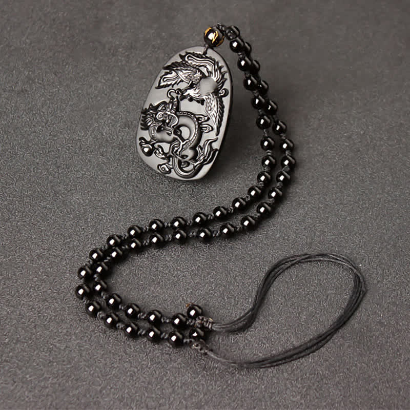 Collier dragon en obsidienne noire avec pendentif œil de tigre pour la protection
