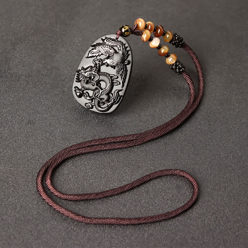 Collier dragon en obsidienne noire avec pendentif œil de tigre pour la protection