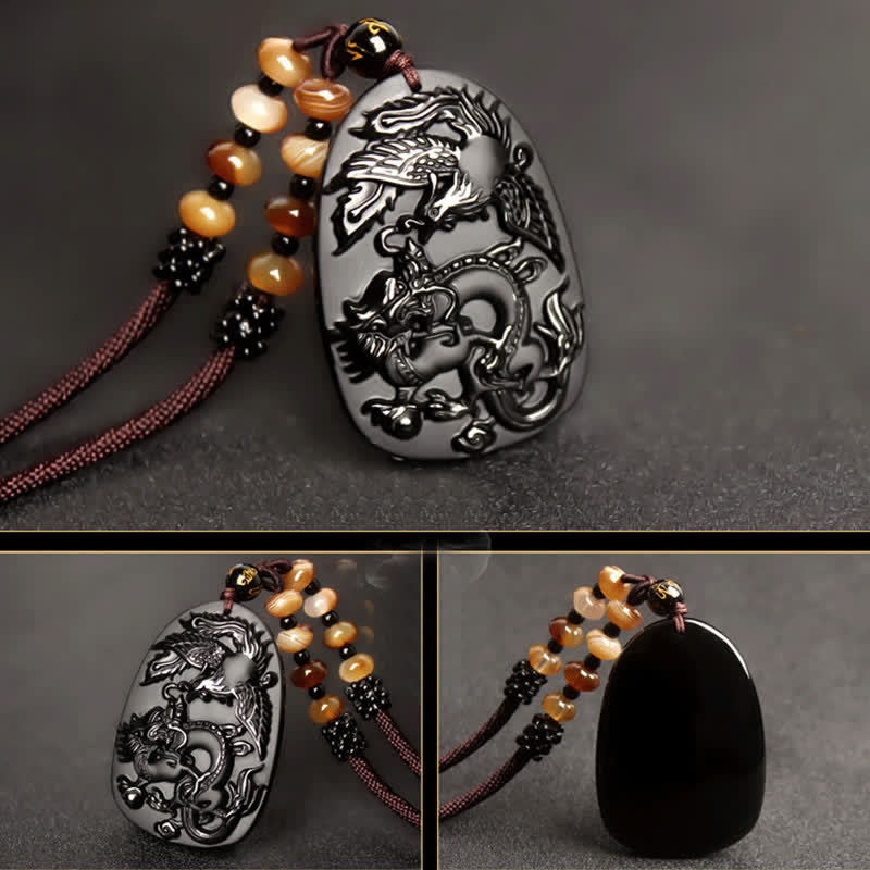 Collier dragon en obsidienne noire avec pendentif œil de tigre pour la protection
