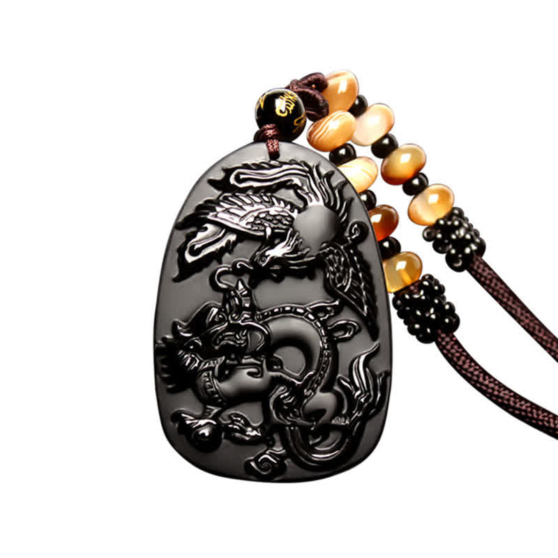 Collier dragon en obsidienne noire avec pendentif œil de tigre pour la protection