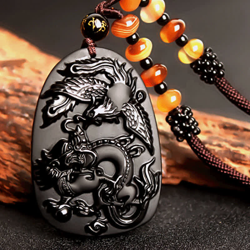 Collier dragon en obsidienne noire avec pendentif œil de tigre pour la protection