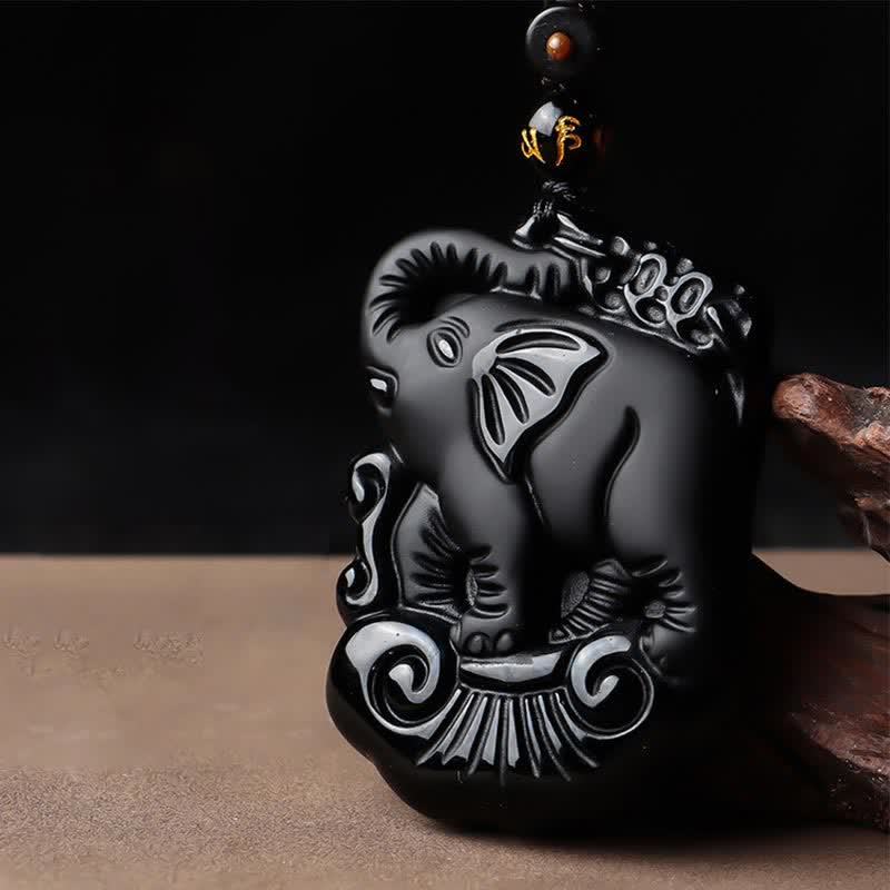 Collier éléphant en obsidienne noire pour la protection et la force