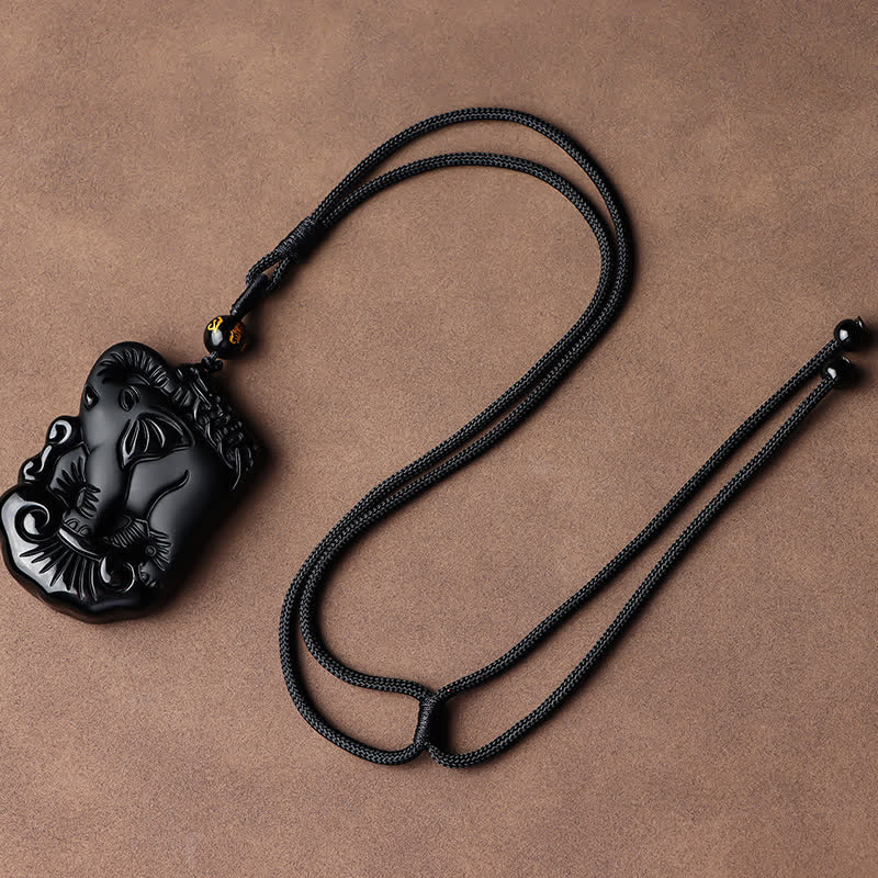 Collier éléphant en obsidienne noire pour la protection et la force