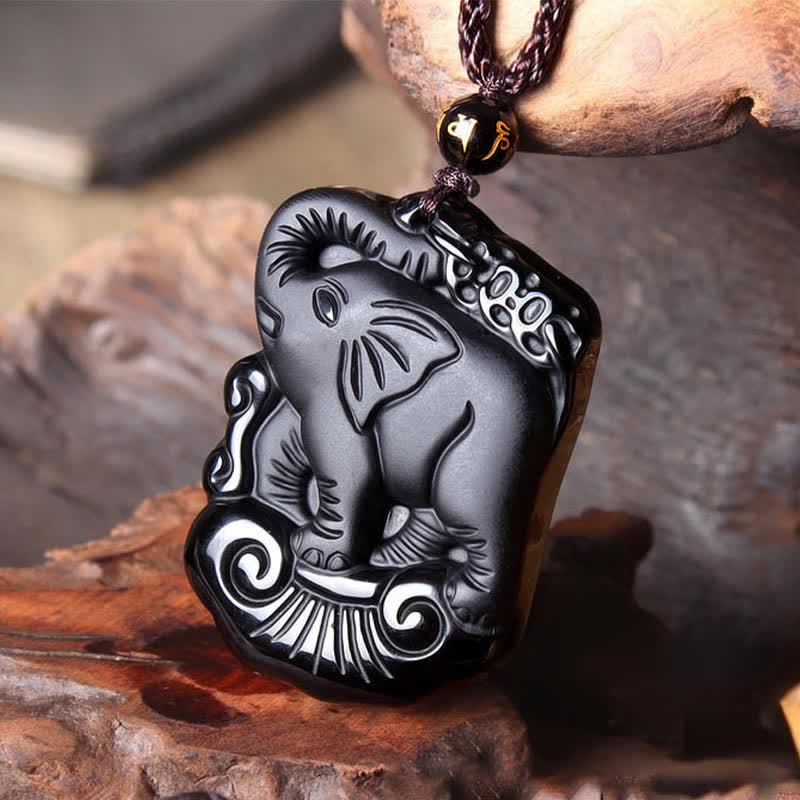 Collier éléphant en obsidienne noire pour la protection et la force