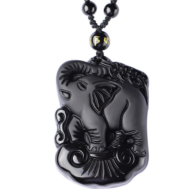 Collier éléphant en obsidienne noire pour la protection et la force