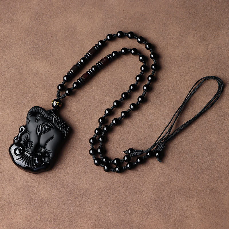 Collier éléphant en obsidienne noire pour la protection et la force