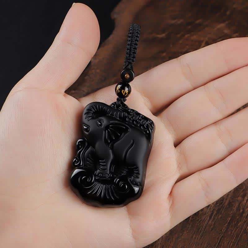 Collier éléphant en obsidienne noire pour la protection et la force