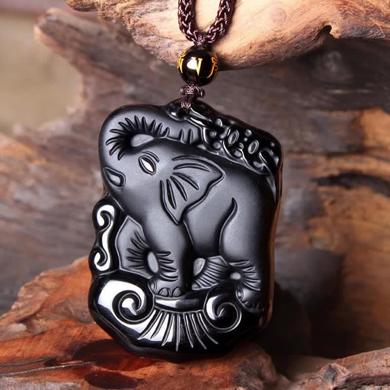 Collier éléphant en obsidienne noire pour la protection et la force