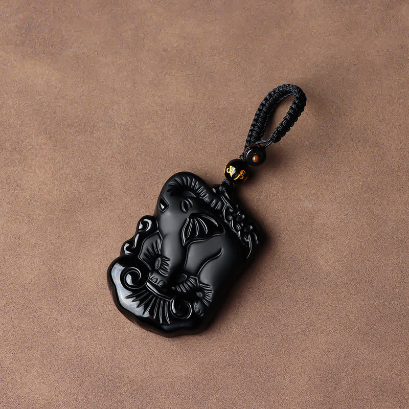 Collier éléphant en obsidienne noire pour la protection et la force