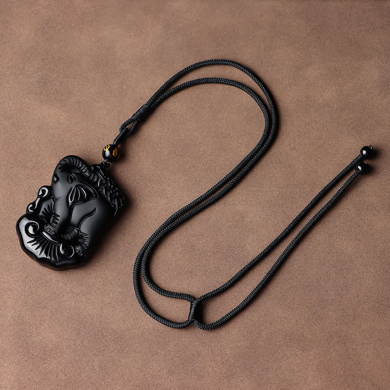 Collier éléphant en obsidienne noire pour la protection et la force