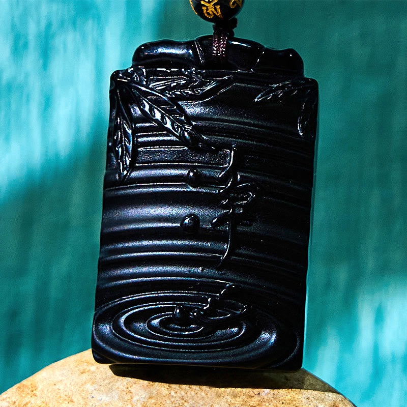 Collier pendentif en obsidienne noire, corde de 65 cm