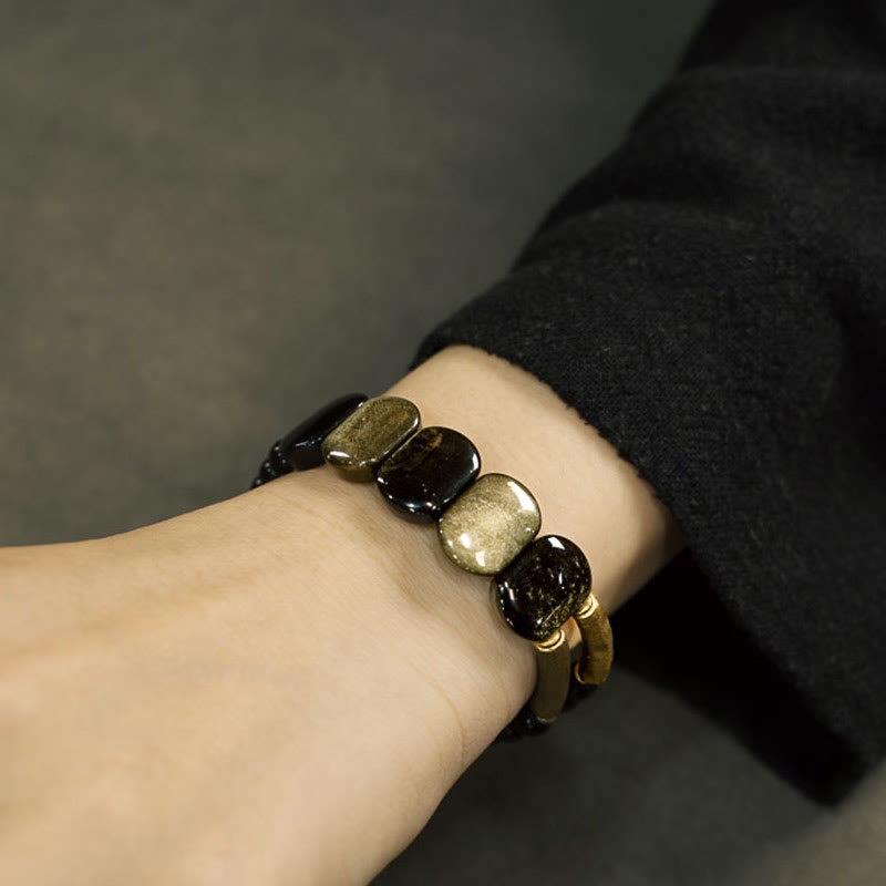 Bracelet de force en obsidienne noire et or brillant 16 cm