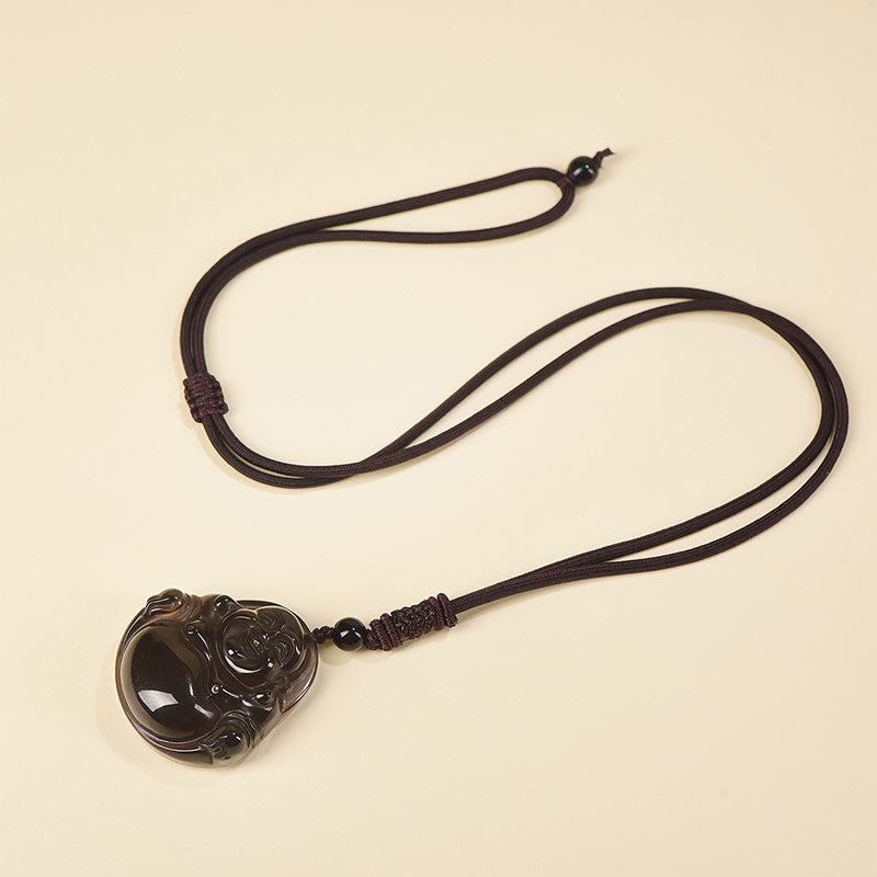 Collier Bouddha rieur en obsidienne noire et glace | Purification
