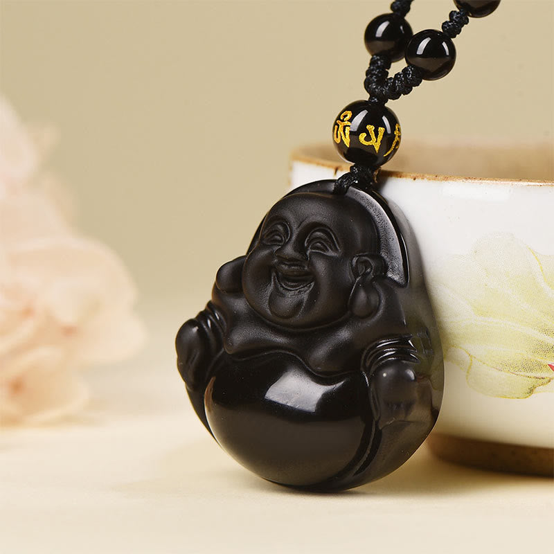 Collier Bouddha rieur en obsidienne noire et glace | Purification
