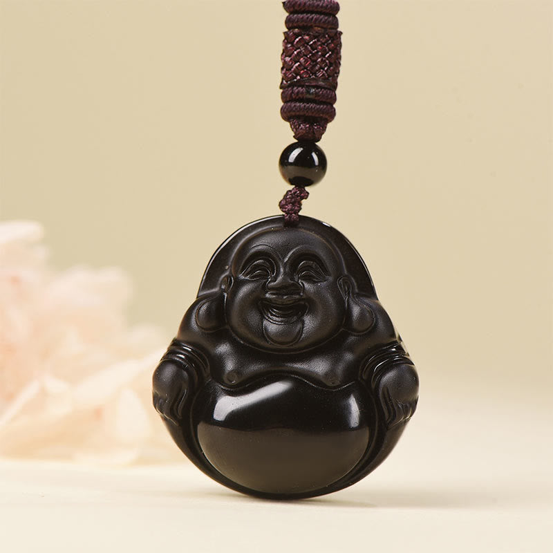 Collier Bouddha rieur en obsidienne noire et glace | Purification