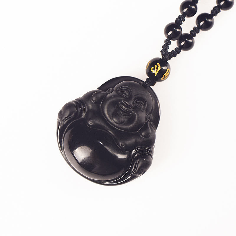 Collier Bouddha rieur en obsidienne noire et glace | Purification