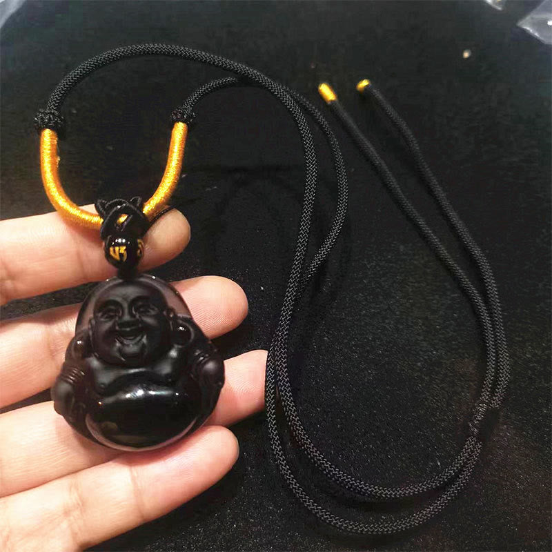 Collier Bouddha rieur en obsidienne noire et glace | Purification