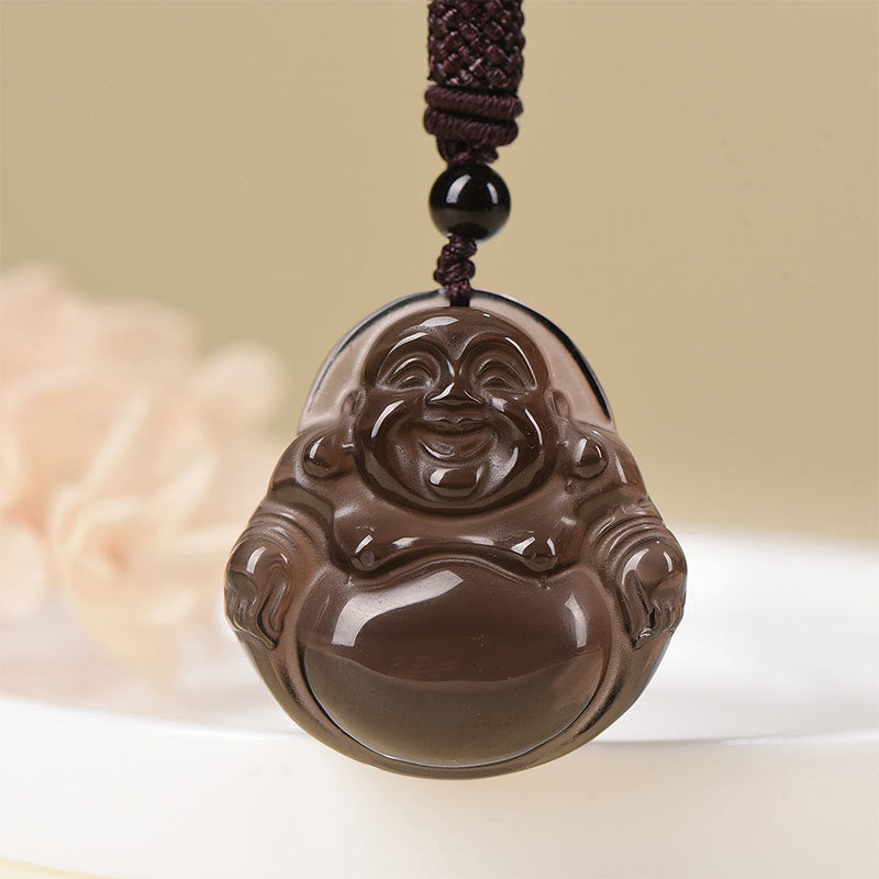 Collier Bouddha rieur en obsidienne noire et glace | Purification