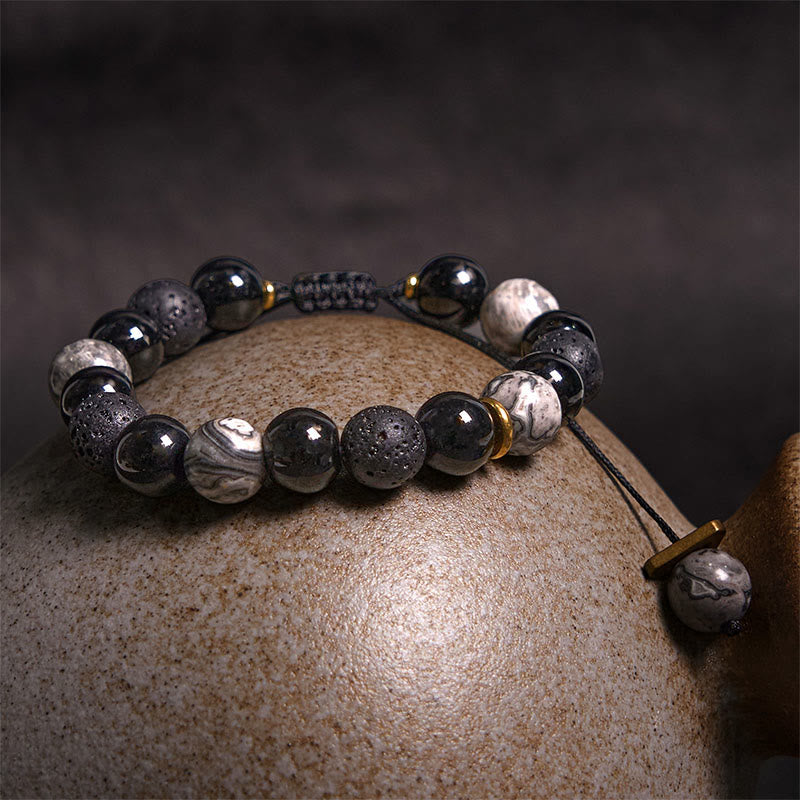 Bracelet Yin Yang en obsidienne noire et pierre de lave pour la force