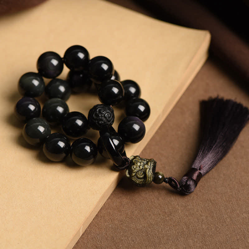 Mala de poignet en obsidienne noire avec lion pour la protection et le courage