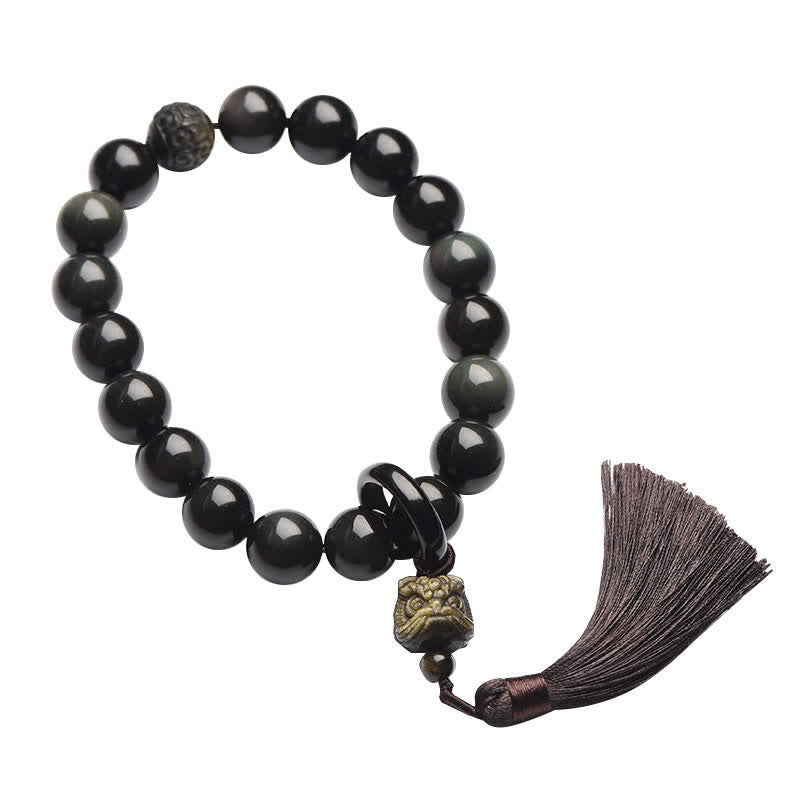 Mala de poignet en obsidienne noire avec lion pour la protection et le courage