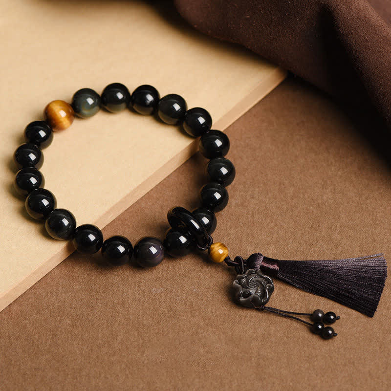 Mala de poignet en obsidienne noire avec lion pour la protection et le courage