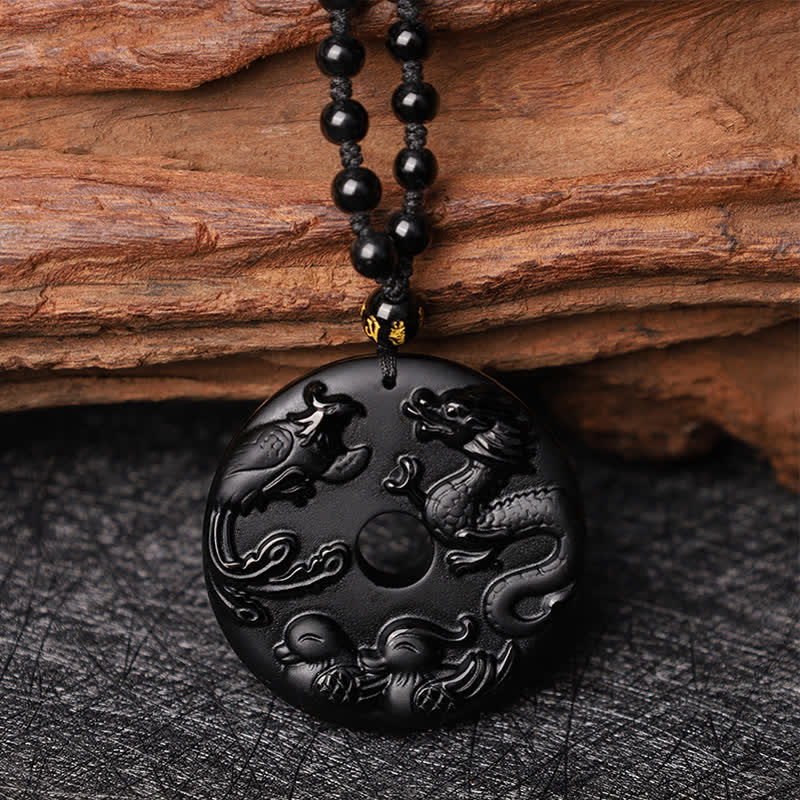 Collier porte-bonheur et protection en obsidienne noire avec pendentif dragon