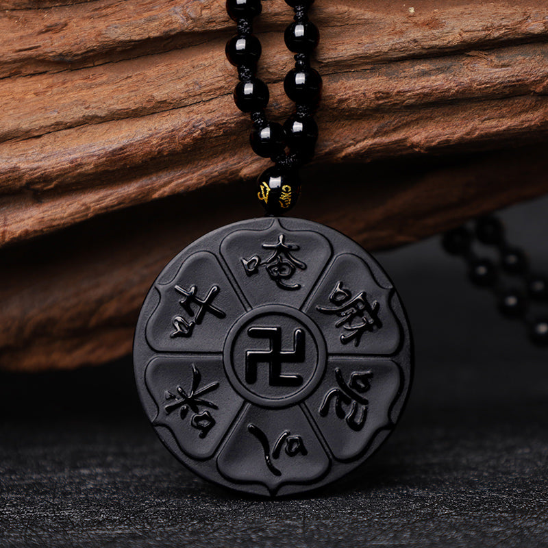 Collier Om Mani Padme Hum en obsidienne noire pour la chance spirituelle