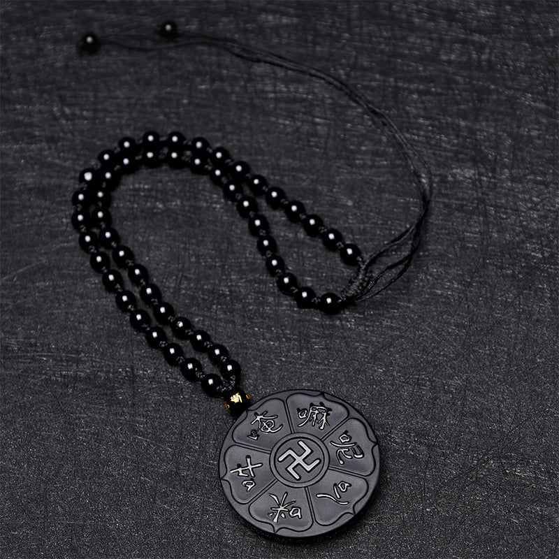 Collier Om Mani Padme Hum en obsidienne noire pour la chance spirituelle