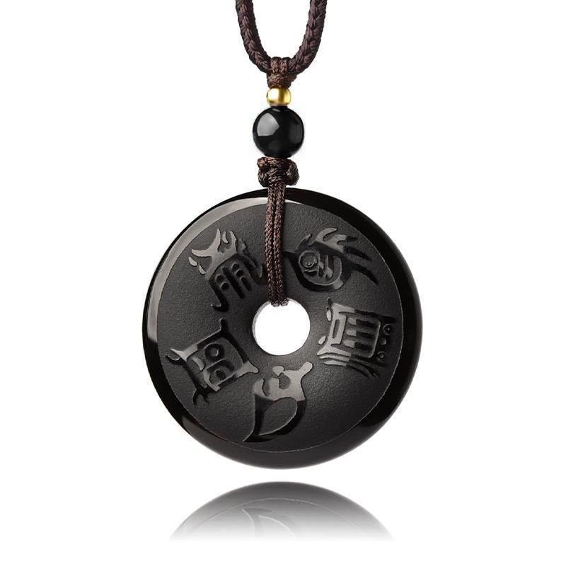 Collier en obsidienne noire avec boucle de paix et pendentif des cinq montagnes sacrées