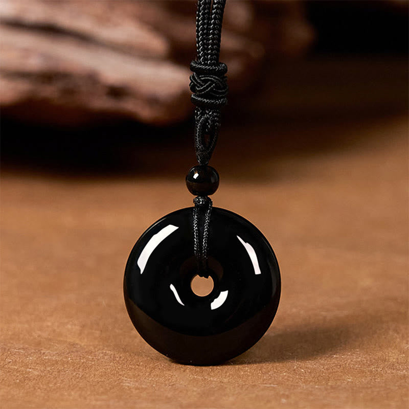 Collier avec pendentif en obsidienne noire et boucle de paix, corde de 50 cm