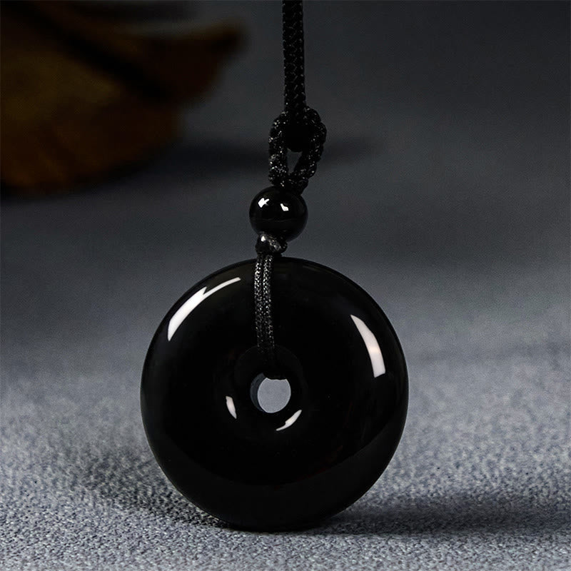 Collier avec pendentif en obsidienne noire et boucle de paix, corde de 50 cm