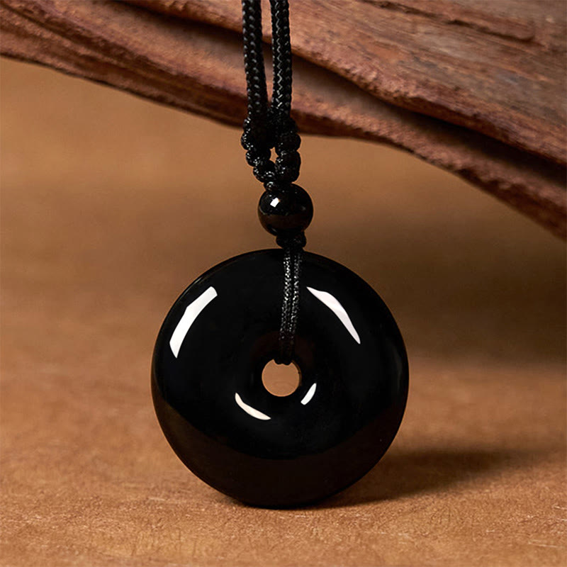 Collier avec pendentif en obsidienne noire et boucle de paix, corde de 50 cm