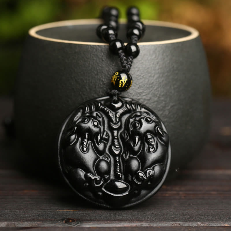 Collier pendentif Pixiu en obsidienne noire pour la richesse et la protection