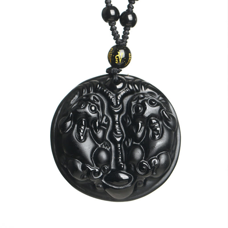 Collier pendentif Pixiu en obsidienne noire pour la richesse et la protection