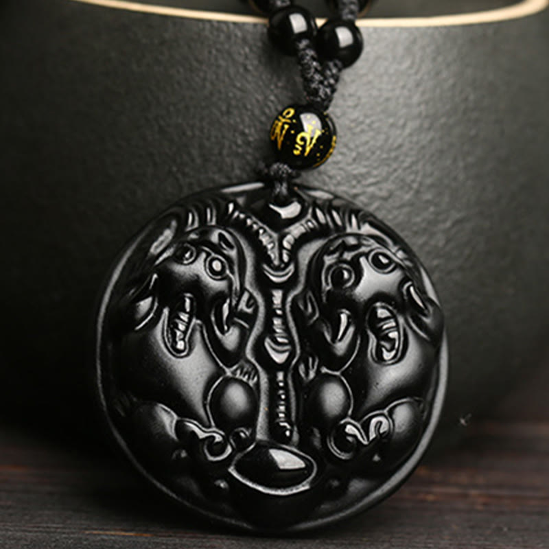 Collier pendentif Pixiu en obsidienne noire pour la richesse et la protection