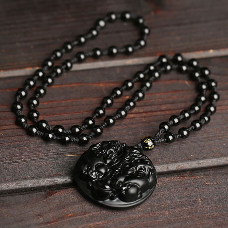 Collier pendentif Pixiu en obsidienne noire pour la richesse et la protection