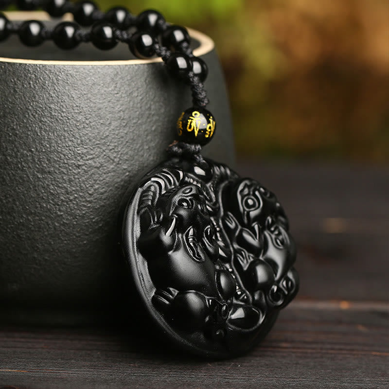 Collier pendentif Pixiu en obsidienne noire pour la richesse et la protection